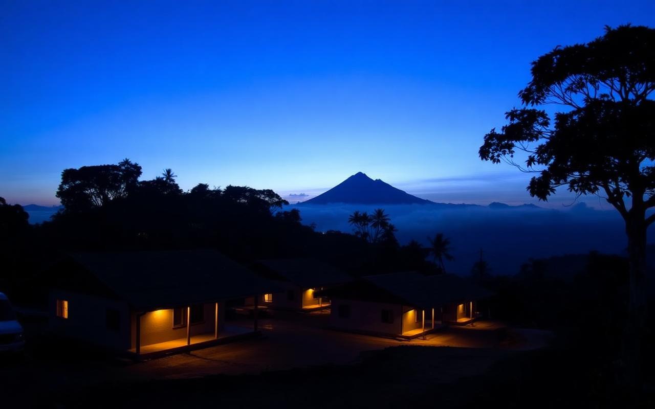 Pre-dawn scene in Nallathanniya Sri Lanka with warm lights of small guesthouses and Adam's Peak silhouette in soft blue hour