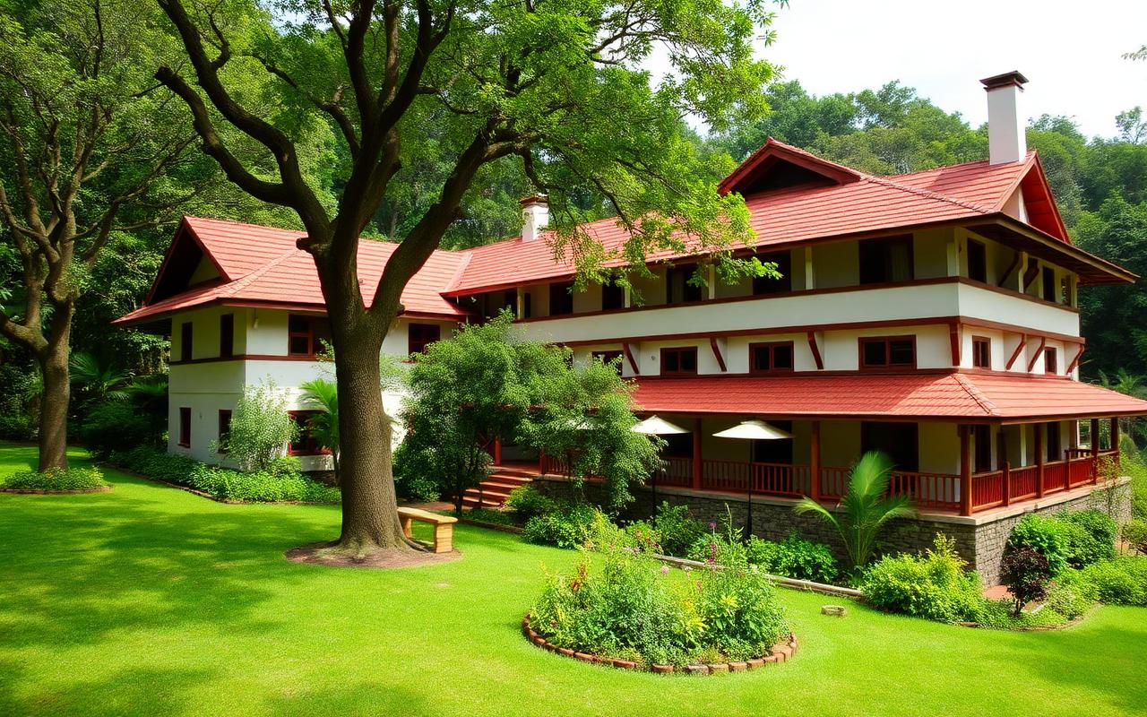 Larger family-friendly hill country guesthouse near Adam's Peak Sri Lanka with garden lawn and red tile roof