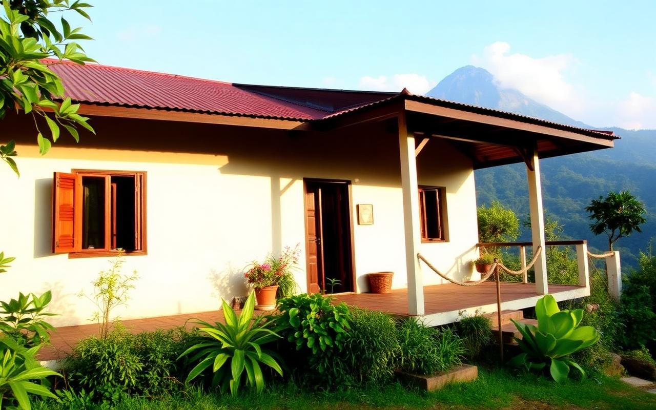 Simple family-run guesthouse near Adam's Peak Sri Lanka with veranda, plants and mountain backdrop