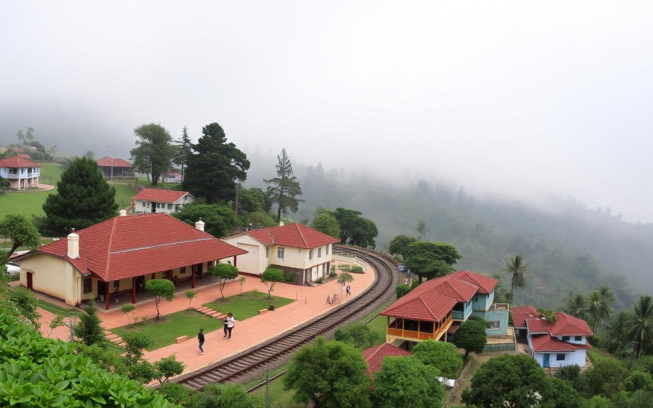Hatton hill country town in Sri Lanka with railway station, colonial buildings and tea estates in mist