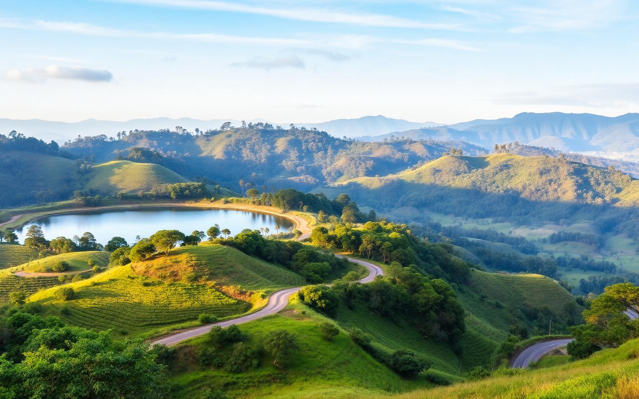 Maskeliya area Sri Lanka with reservoir, tea plantations and rolling hills near Adam's Peak in soft afternoon light
