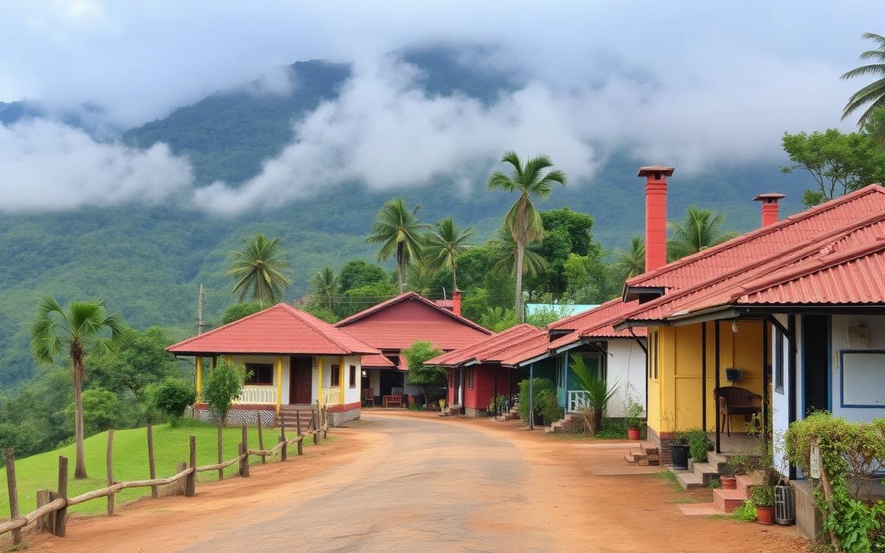 Nallathanniya Dalhousie village near Adam's Peak Sri Lanka with simple guesthouses and misty hill country backdrop