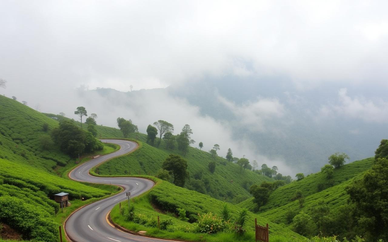 Hill country road between Nuwara Eliya and Hatton Sri Lanka winding through tea plantations and misty mountains