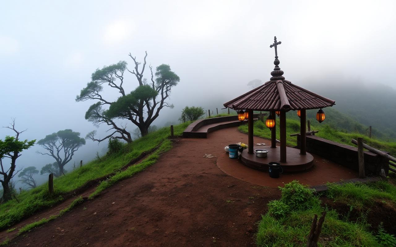 Misty hill country pilgrimage trail with small shrine and lanterns near Adam's Peak Sri Pada Sri Lanka