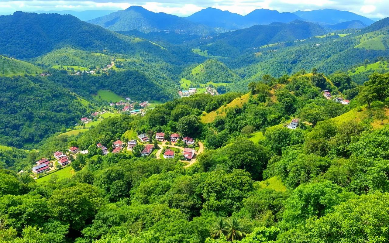 Lush green hills and small town buildings in Ratnapura Sri Lanka on the alternative route to Adam's Peak
