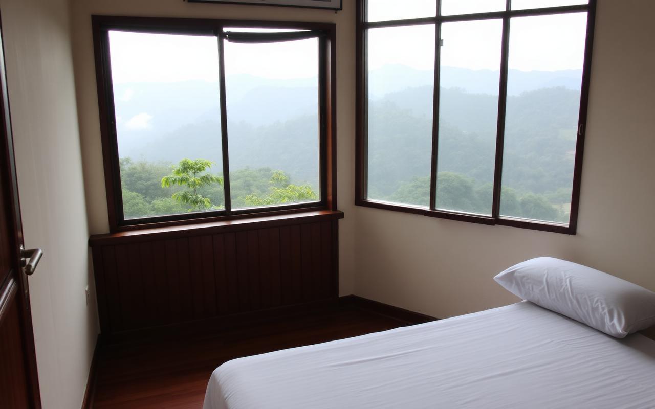 Simple guest room in a Sri Lanka hill country guesthouse near Adam's Peak with double bed, wooden floor and window opening to misty hills