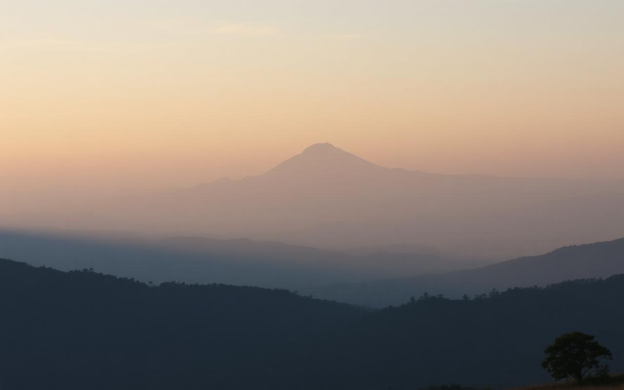 Calm dawn light over Sri Lanka hill country with Adam's Peak silhouette in the distance