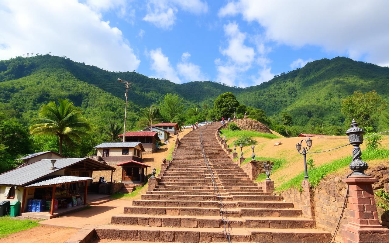 Stone steps and lanterns at the Adam's Peak Sri Pada trailhead in Nallathanniya Sri Lanka with green hills behind