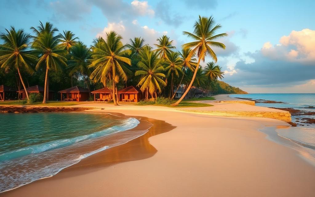 Ahangama Beach Sri Lanka south coast with palm-lined sandy beach, turquoise water, boutique villas and cabanas behind the palms at golden hour
