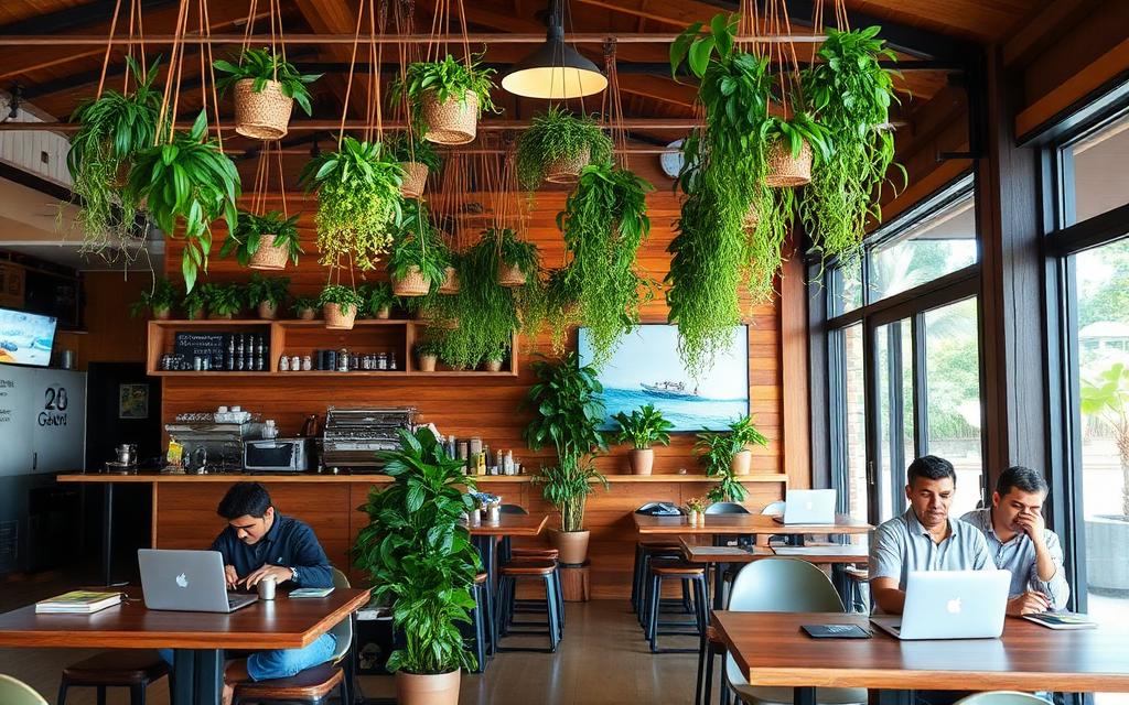 Boutique cafe near a long-stay villa in Ahangama Sri Lanka with hanging plants, wooden tables, surfers on laptops and a relaxed remote-work atmosphere