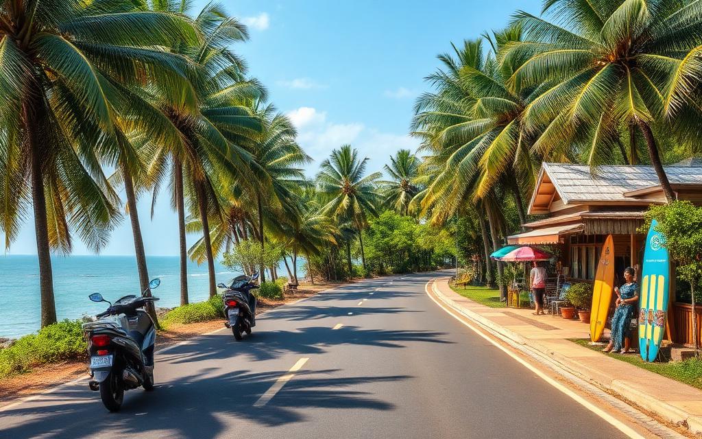South coast Sri Lanka coastal road between Ahangama and Galle with palm trees, scooters, ocean view and a small cafe at the roadside in bright daylight