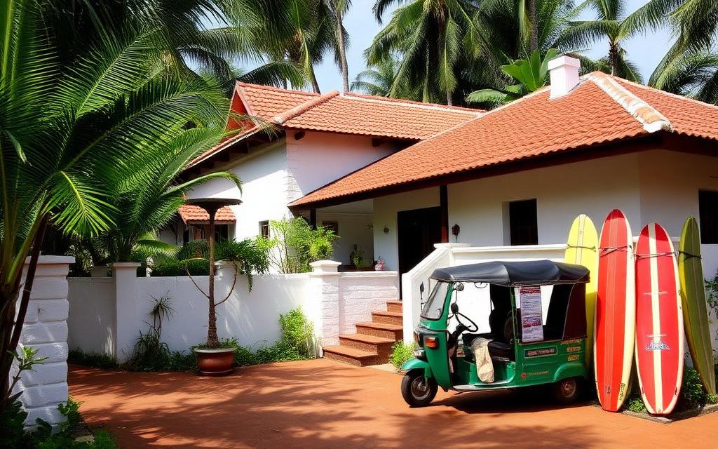 Family-run guesthouse in Ahangama Sri Lanka with whitewashed walls, terracotta-tiled roof, leafy garden with palm trees, surfboards by the door and a parked tuk-tuk