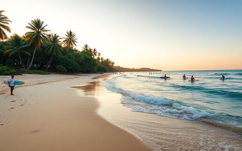 Kabalana Beach Ahangama Sri Lanka with wide sandy beach, surfers in turquoise water, palm trees and casual surf school in golden afternoon light