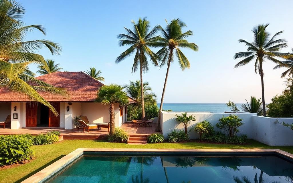 Kathaluwa Sri Lanka south coast boutique villa with whitewashed walls, terracotta roof, infinity pool, palm trees and ocean view in calm daylight