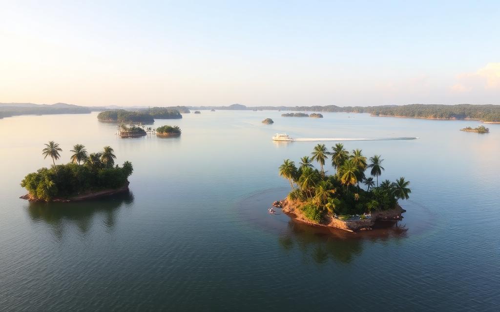 Koggala lake Sri Lanka south coast with calm water, small palm-covered islands, soft daylight and a quiet family-resort atmosphere