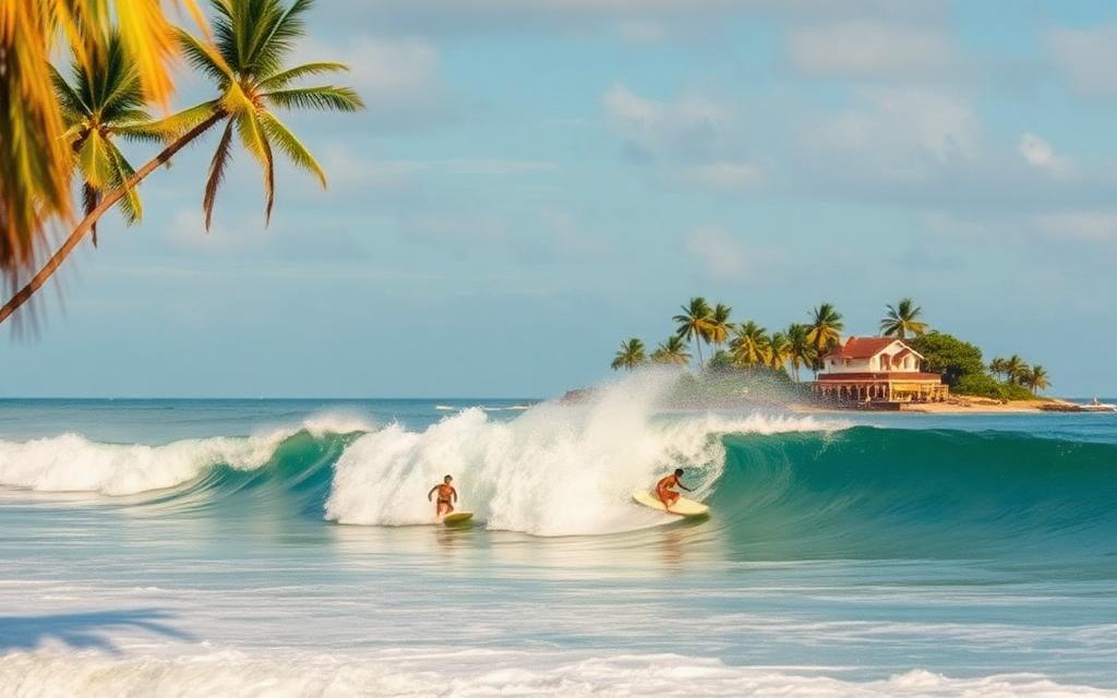 Midigama beach Sri Lanka south coast surf reef break with surfers paddling out, palm trees and small surf guesthouses set back from the beach in golden afternoon light