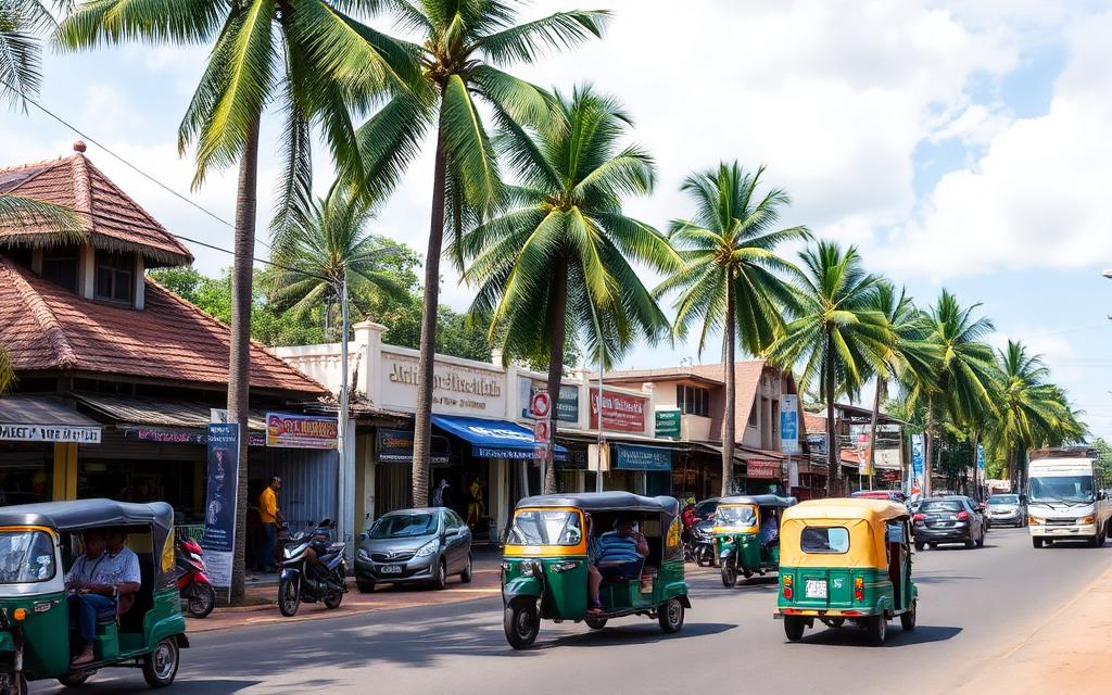Central Ahangama town Sri Lanka along the Matara Road with low-rise shops, tuk-tuks, motorbikes and palm trees in afternoon light