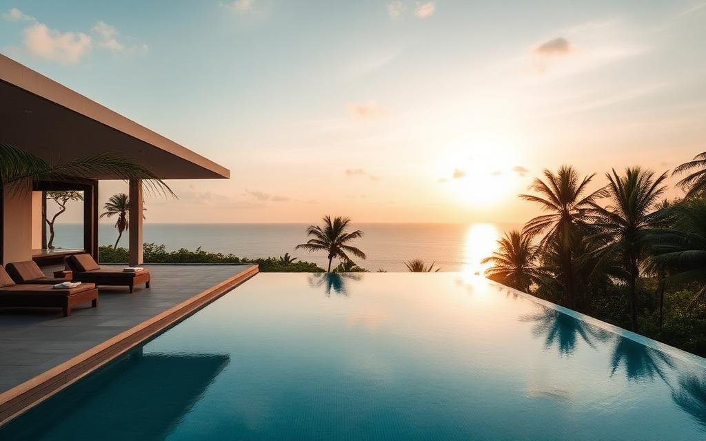 Boutique design-led villa near Ahangama Sri Lanka with modern minimal architecture, infinity pool overlooking the Indian Ocean, palms and golden hour light