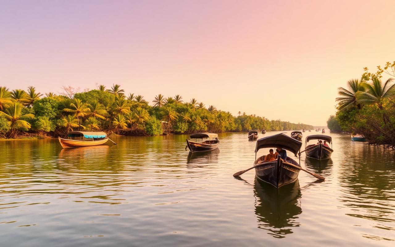 Madu River Balapitiya Sri Lanka near Ahungalla with mangroves and traditional wooden boats on calm river water in warm afternoon light