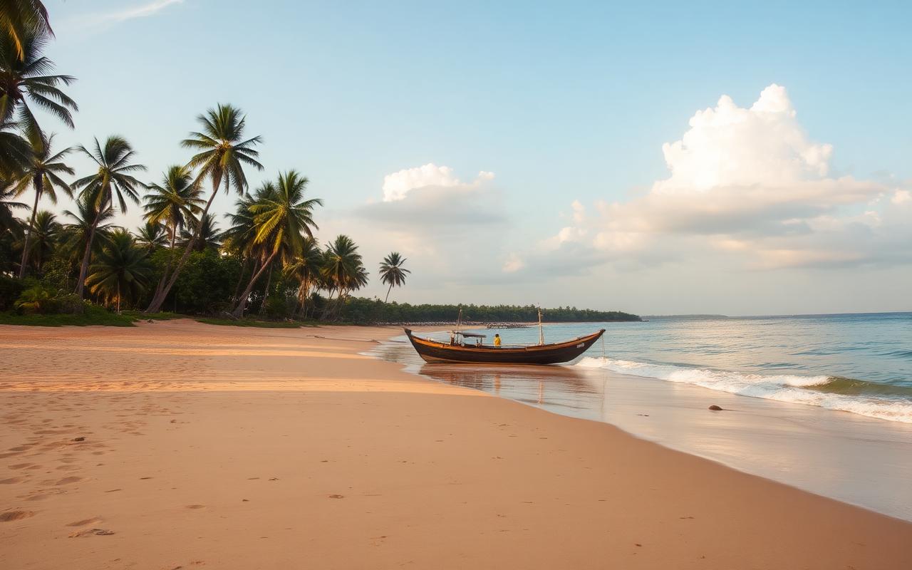 Ahungalla Beach Sri Lanka golden west coast sand with tall coconut palms, calm Indian Ocean and a wooden fishing catamaran in warm afternoon light