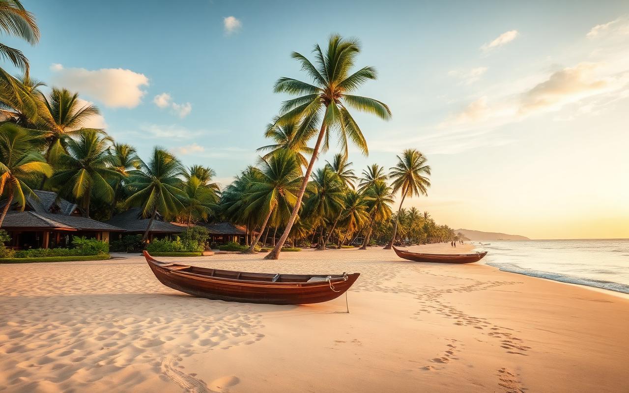 Bentota beach Sri Lanka near Ahungalla classic west coast beach resort with palm trees, golden sand, calm Indian Ocean and wooden catamarans in soft golden light