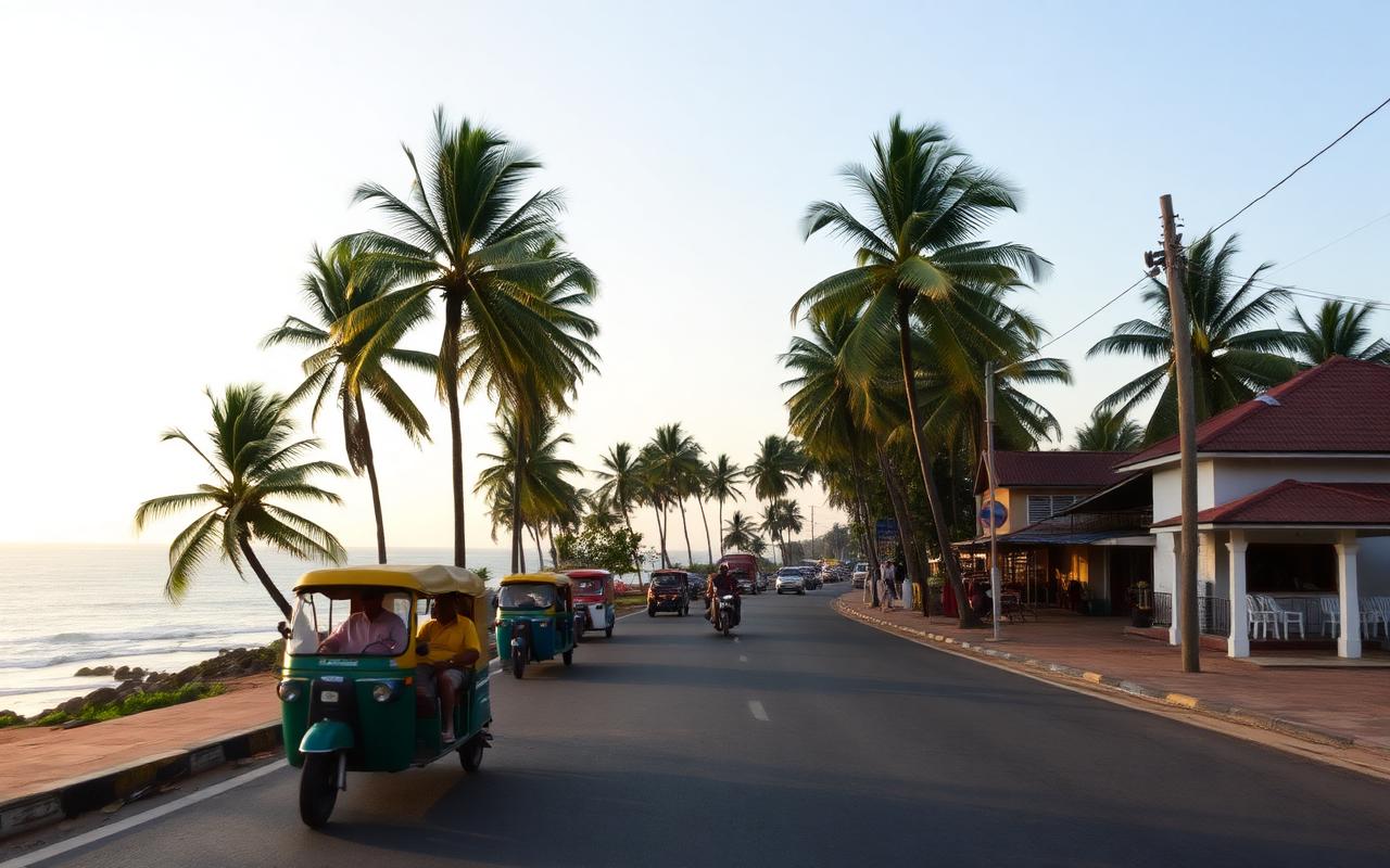 Sri Lanka west coast Galle Road near Ahungalla with palm-lined coastal road and small local hotels
