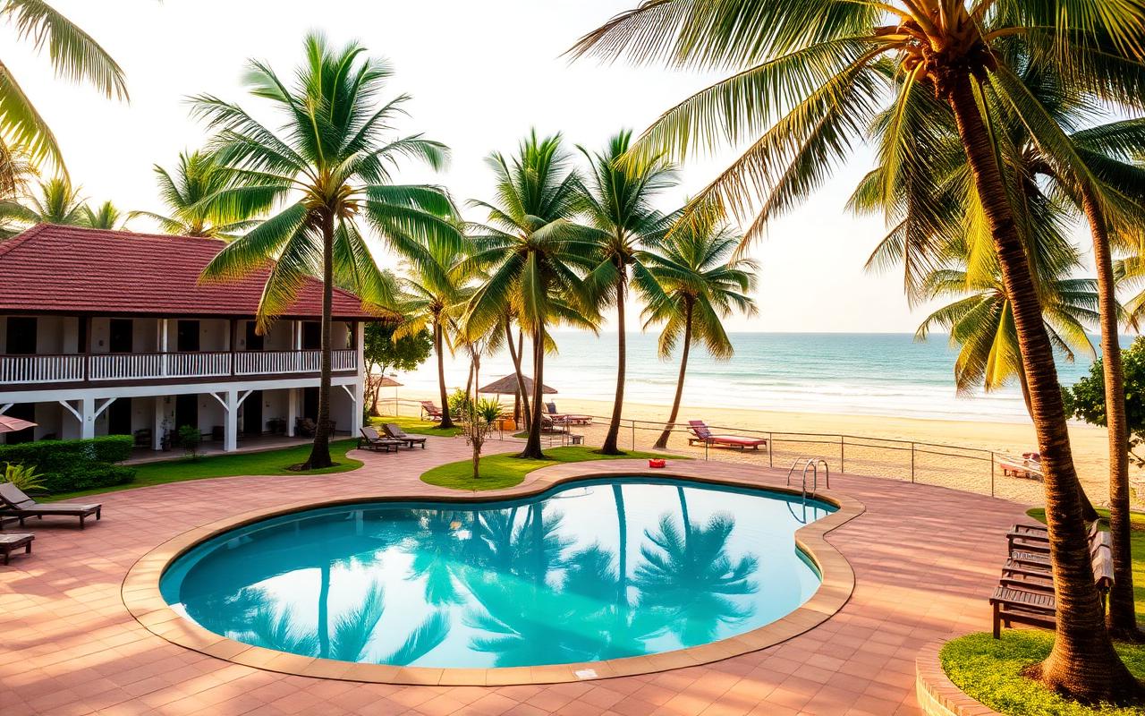 Heritage-style beach resort architecture on Ahungalla Sri Lanka west coast with palm-shaded pool deck, low-rise tropical buildings, golden sand and Indian Ocean in warm afternoon light