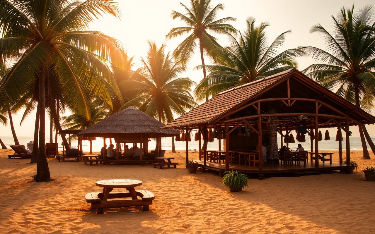 Local jungle beach scene on Ahungalla Sri Lanka coast with casual beach restaurant, palm trees, wooden seating and golden sand in warm afternoon light