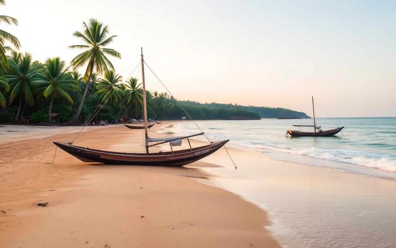 Kosgoda beach Sri Lanka near Ahungalla with quiet golden west coast sand, palm trees, calm Indian Ocean and a wooden fishing catamaran in warm afternoon light