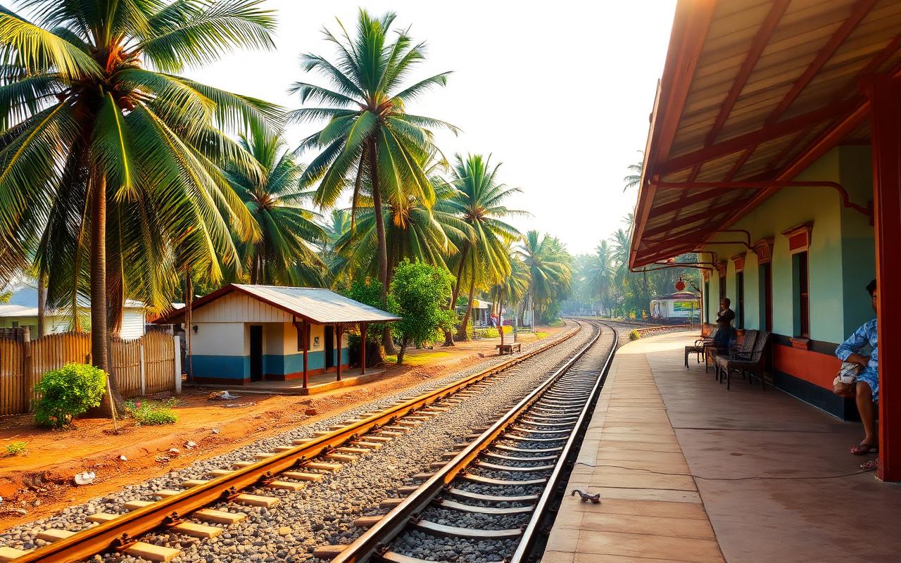 Small Sri Lanka coastal railway station near Ahungalla with palm trees, painted local platform and warm afternoon light