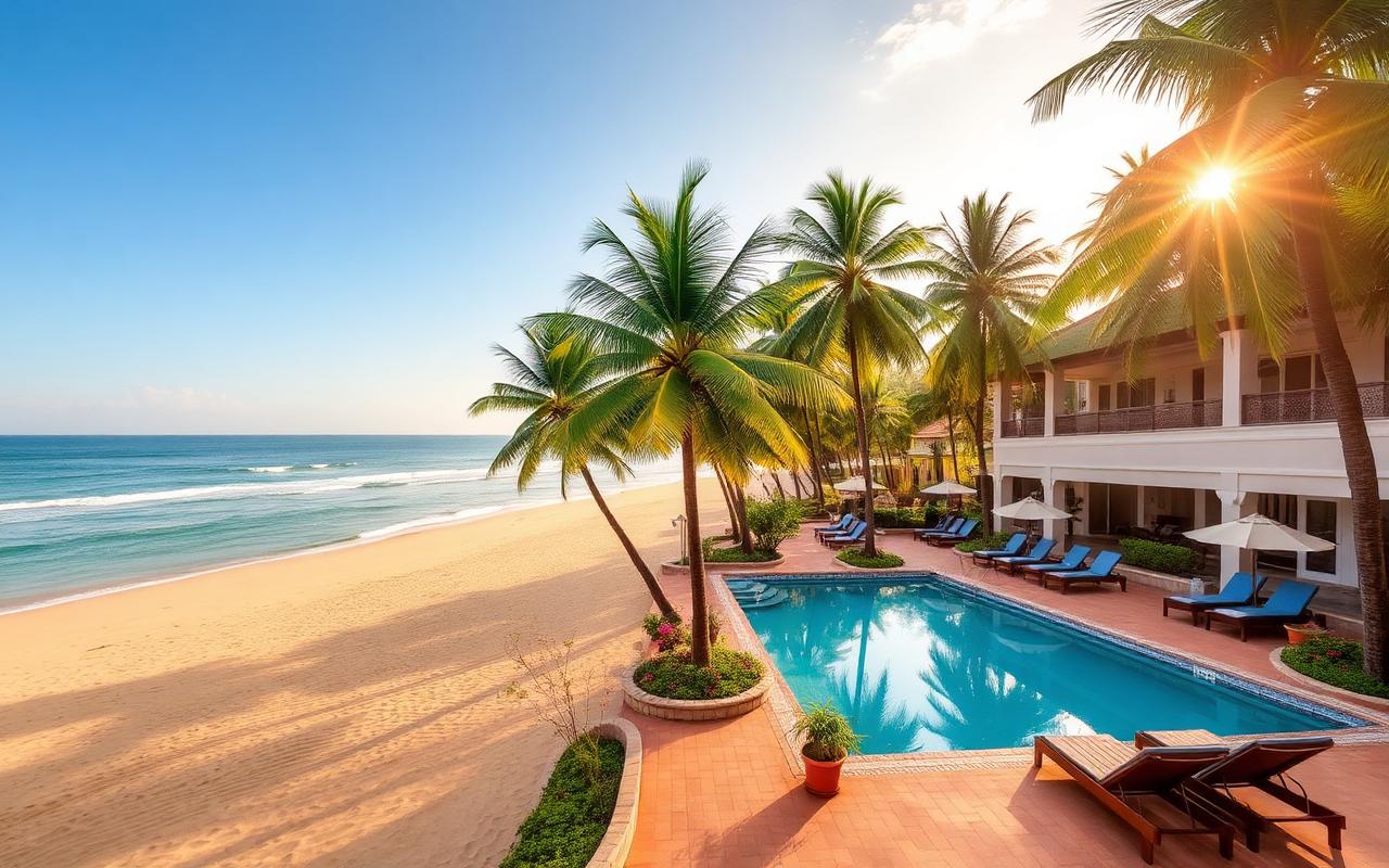 Large premium beach resort area on Ahungalla Sri Lanka west coast with palm trees, expansive turquoise pool, sun loungers and direct golden beach access in warm late afternoon light