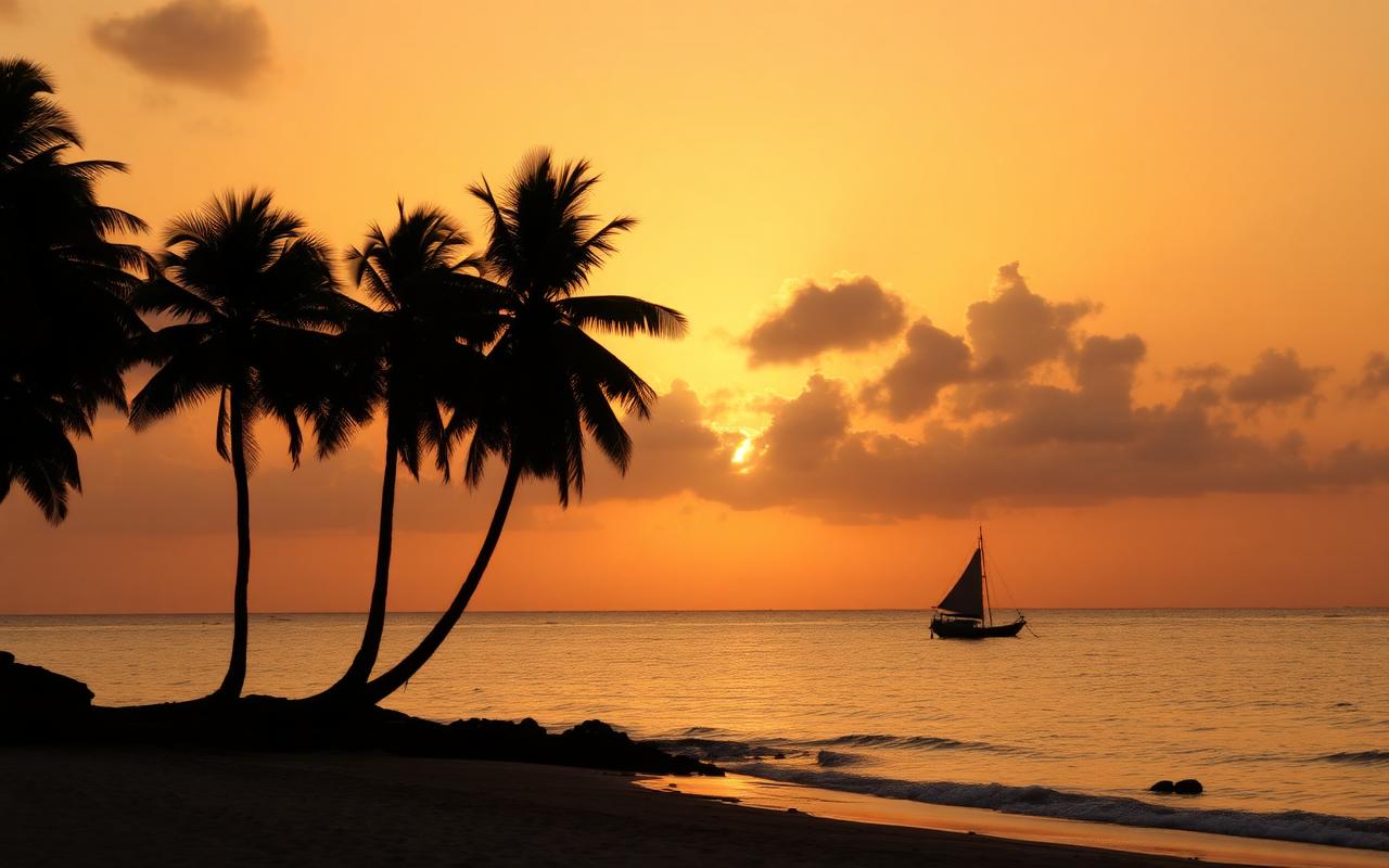 Sunset over Ahungalla Beach Sri Lanka with palm trees, golden sky and a fishing catamaran silhouette