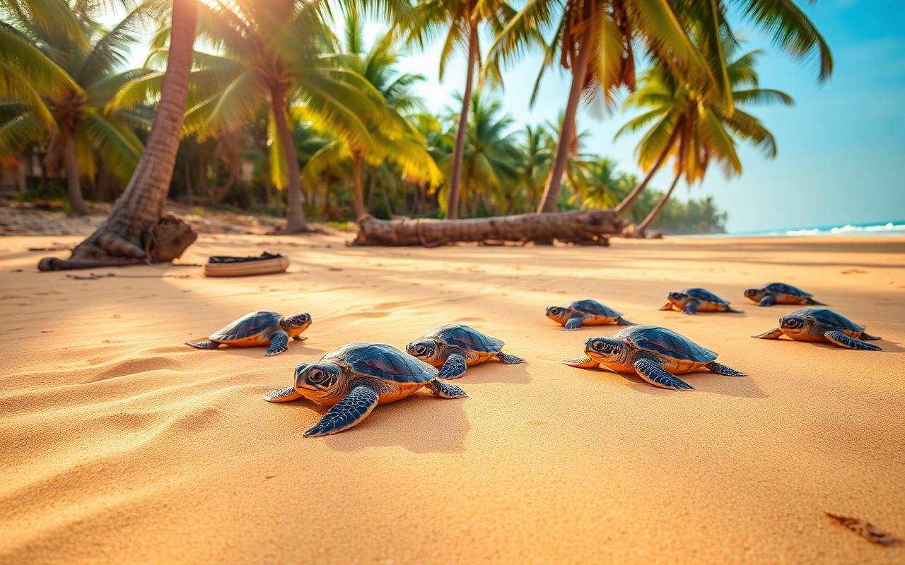 Sea turtle conservation project on Ahungalla Sri Lanka west coast with baby sea turtles on golden sand under coconut palms in warm afternoon light
