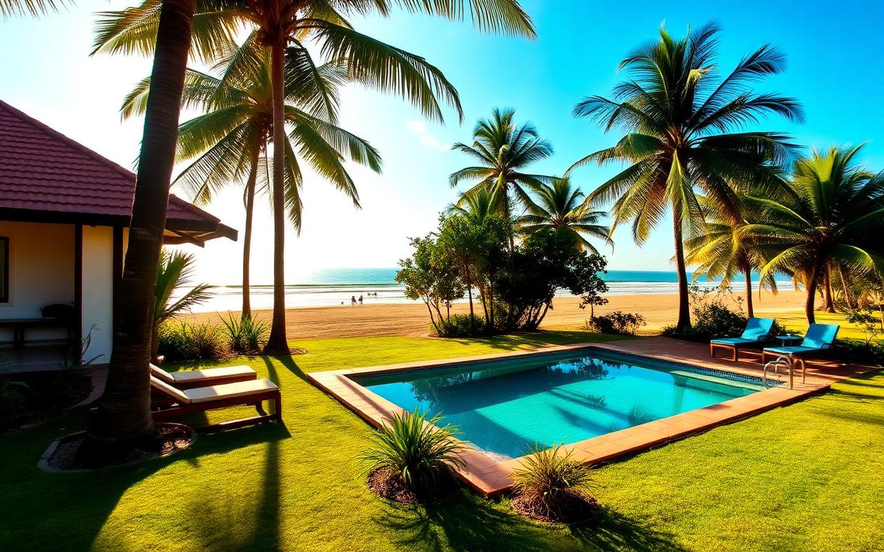 Small beach villa on Ahungalla Sri Lanka west coast with private pool, palm trees, garden and direct golden beach access in warm afternoon light