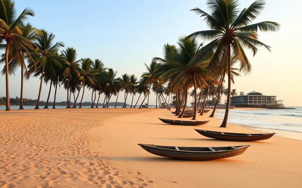 Bentota Beach near Aluthgama Sri Lanka long curve of golden west coast sand with tall coconut palms, calm Indian Ocean, wooden catamarans and a low-rise beachfront hotel in soft late afternoon light