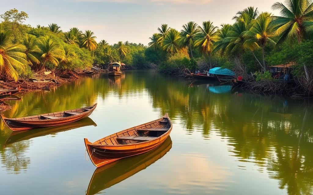 Bentota River near Aluthgama Sri Lanka calm tropical lagoon with mangroves on both sides, small wooden river boats moored along the bank and reflections of palm trees in still water
