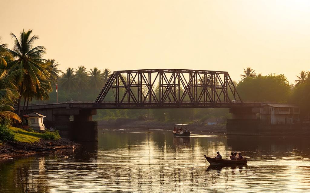 Kaluwamodara bridge area Aluthgama Sri Lanka view of the iron railway bridge crossing the Bentota River with palm trees on both banks, small river boats and warm afternoon light