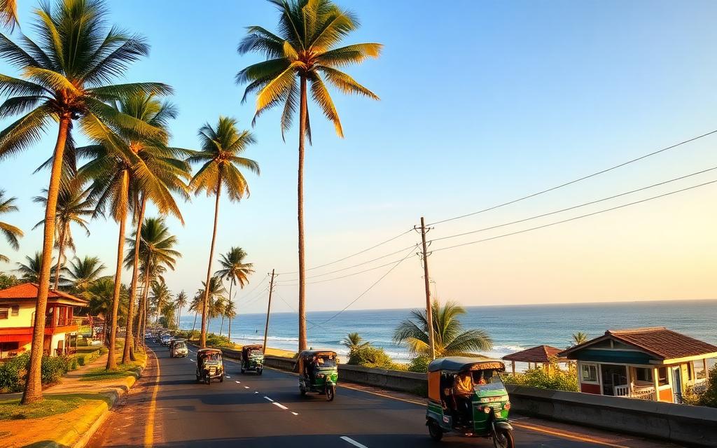 Sri Lanka west coast Galle Road south of Aluthgama with palm-lined coastal road, tuk-tuks, small local hotels, low-rise shops and a glimpse of the Indian Ocean in warm afternoon light