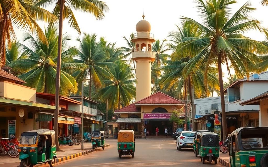 Dharga Town Aluthgama Sri Lanka inland local street near the mosque with palm trees, low colorful local shops, tuk-tuks and quiet residential west coast atmosphere in warm afternoon light