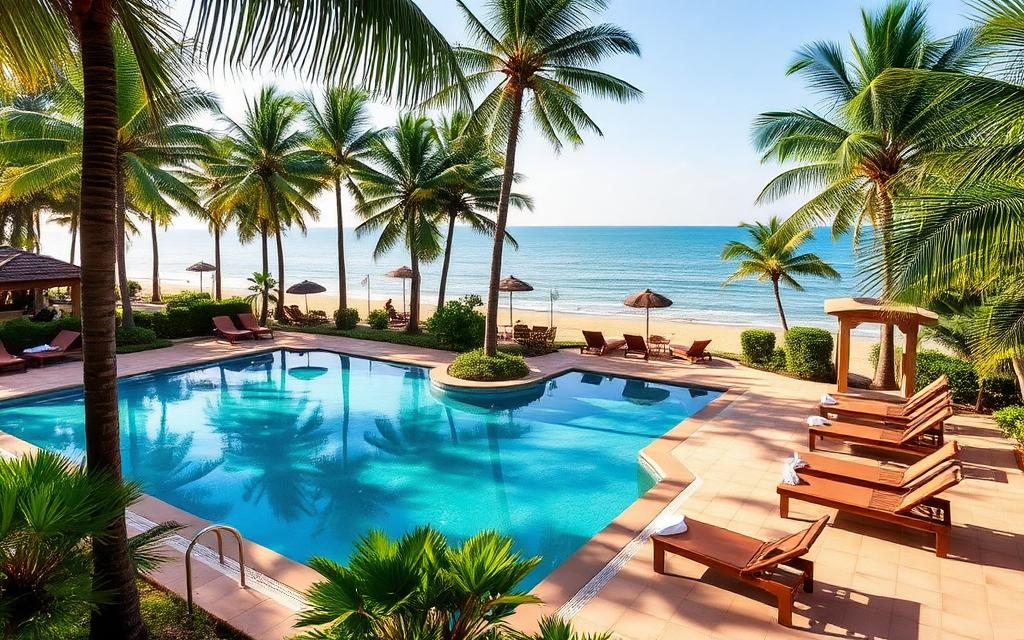 Family beach resort reference on the Beruwala coast near Aluthgama Sri Lanka with pool, palm trees, sun loungers and calm Indian Ocean