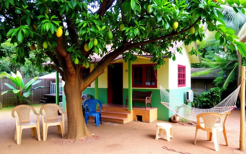 Family-run guesthouse near Aluthgama Sri Lanka with a small painted bungalow, leafy garden, mango tree, plastic chairs and a hammock in a casual local west coast atmosphere