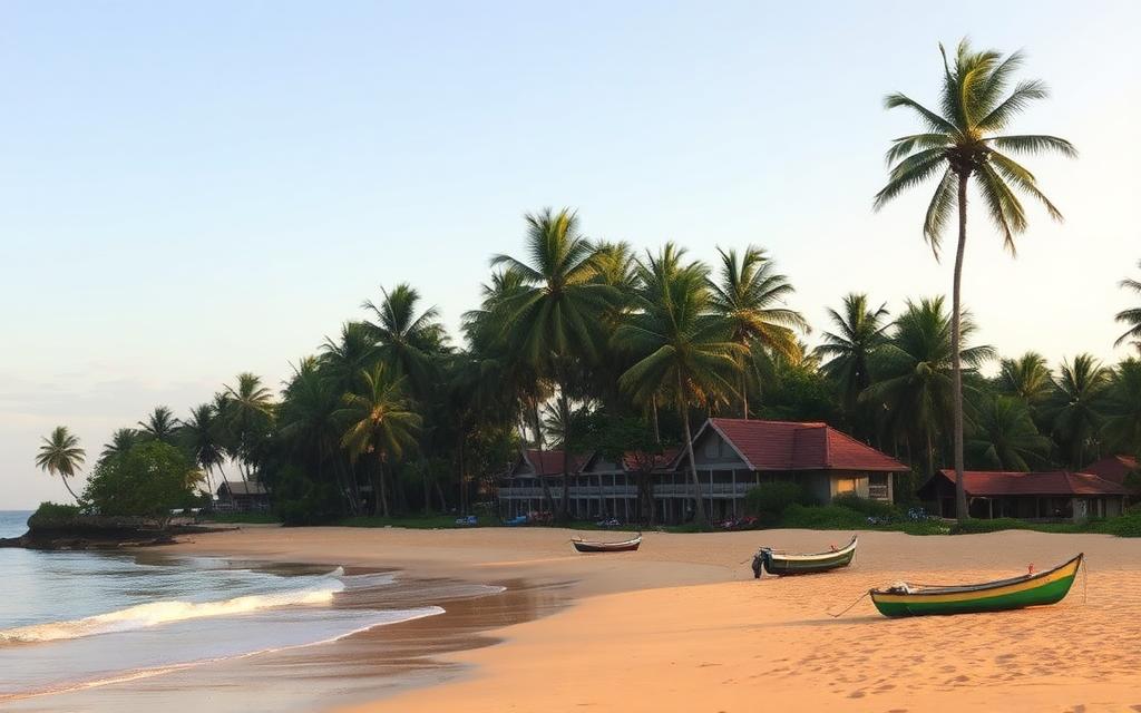 Moragalla Beach Beruwala near Aluthgama Sri Lanka quiet golden west coast sandy beach with tall coconut palms, calm Indian Ocean, a low-rise family beach resort behind palm trees and small fishing boats on the sand