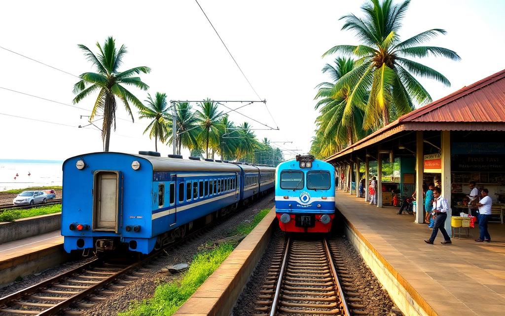 Aluthgama railway station Sri Lanka with the coastal blue commuter train at the platform, palm trees beside the tracks, local passengers and small shops nearby in soft daylight