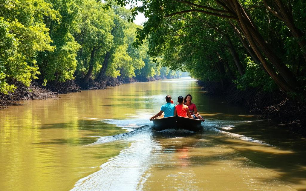 River boat trip on the Bentota River near Aluthgama Sri Lanka with a small wooden motorboat carrying tourists through tropical mangrove channels and dense green mangroves on both sides
