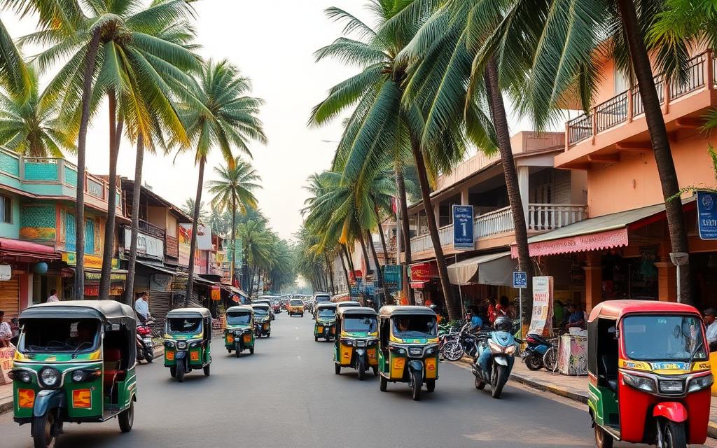 Aluthgama town centre Sri Lanka local west coast street with colorful shops, tuk-tuks, palm trees, low buildings and warm afternoon traffic showing practical residential atmosphere