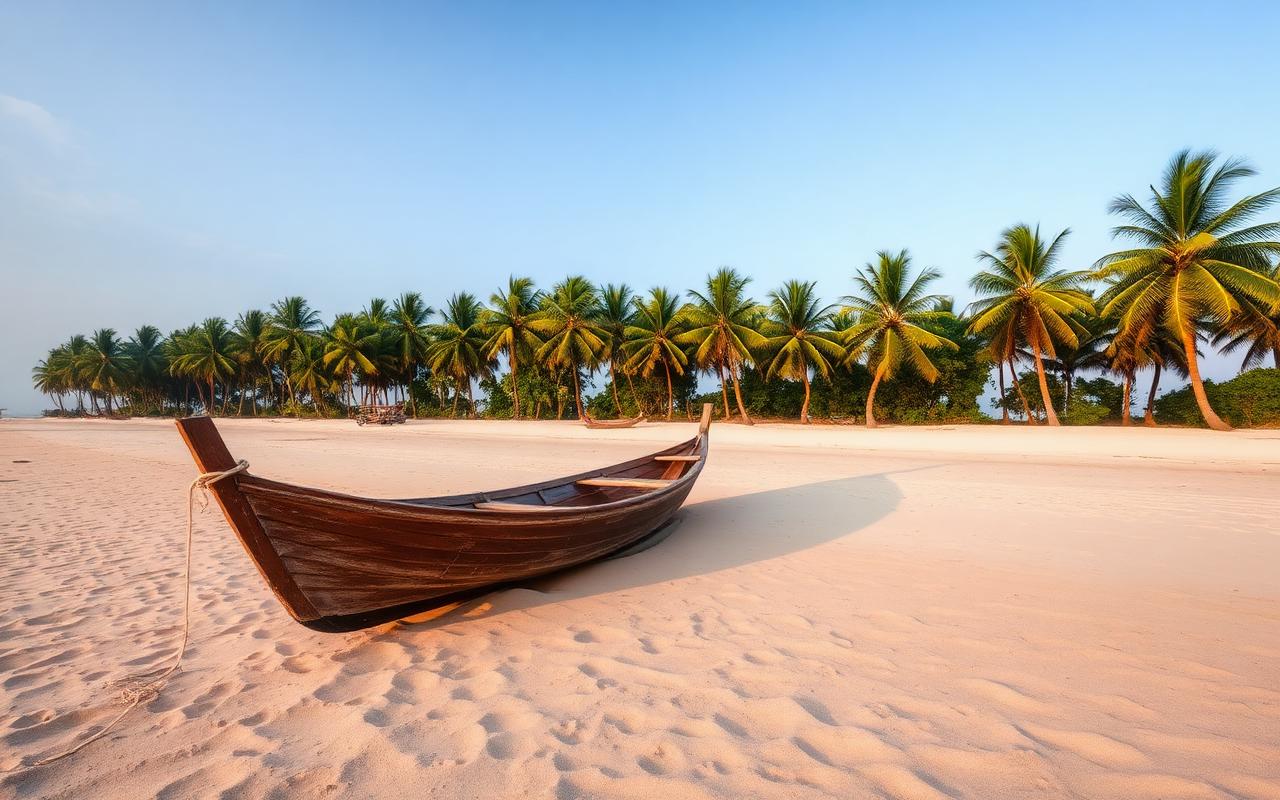 Balapitiya beach near Ambalangoda Sri Lanka quiet west coast sand with palm trees and traditional wooden boat in warm afternoon light