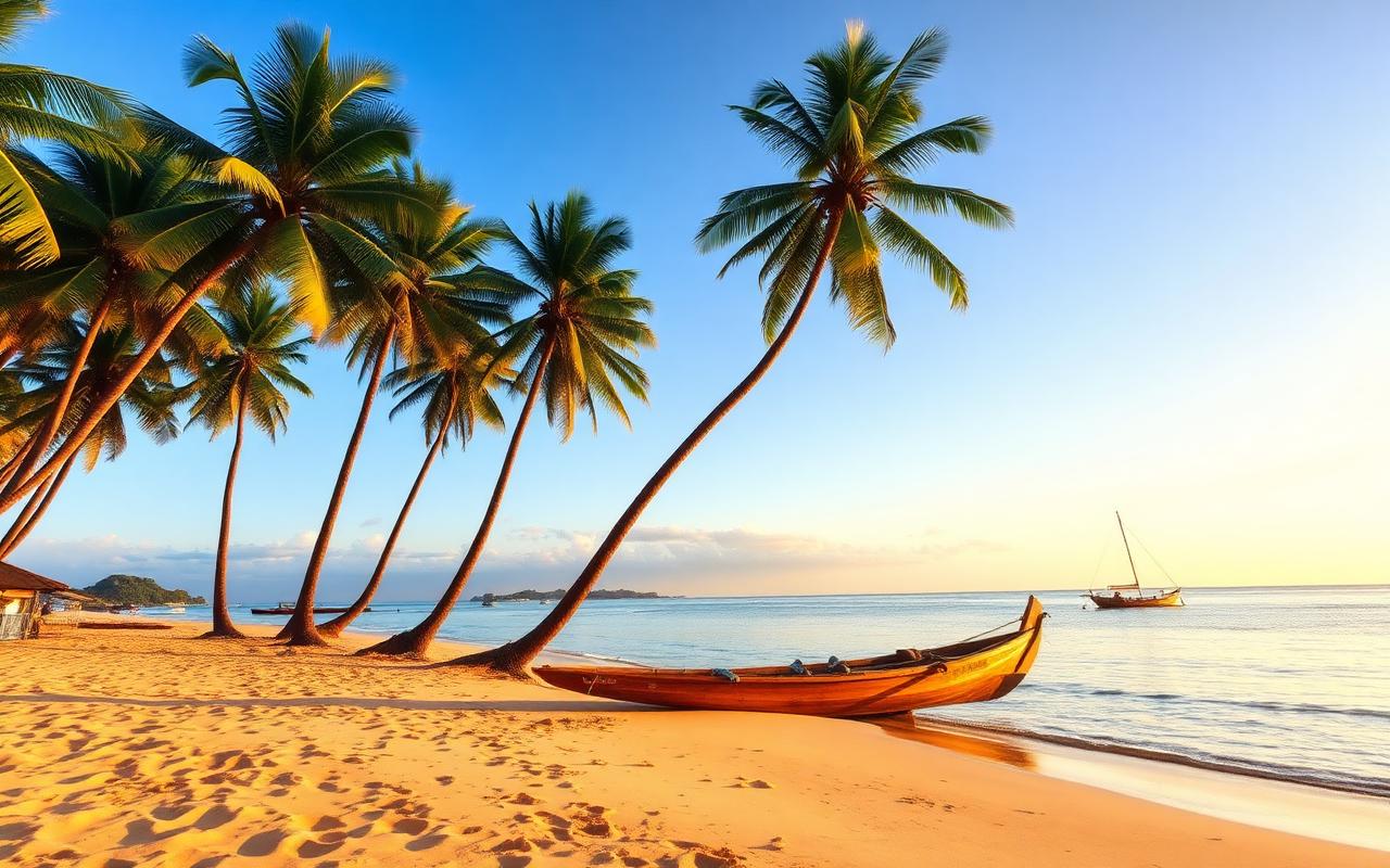 Ambalangoda Beach Sri Lanka quiet golden west coast sand with tall coconut palms, calm Indian Ocean and a wooden fishing catamaran in warm afternoon light