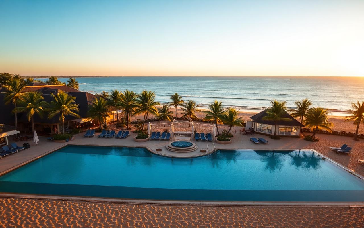 Beach hotel area reference on the Ambalangoda coast Sri Lanka with palm trees, golden sand, calm Indian Ocean and low-rise hotel architecture