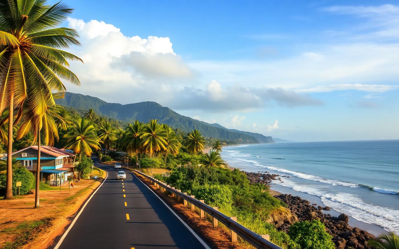 Galle Road coastal route Sri Lanka near Ambalangoda with palm-lined road, ocean alongside and small local hotels and shops in warm afternoon light