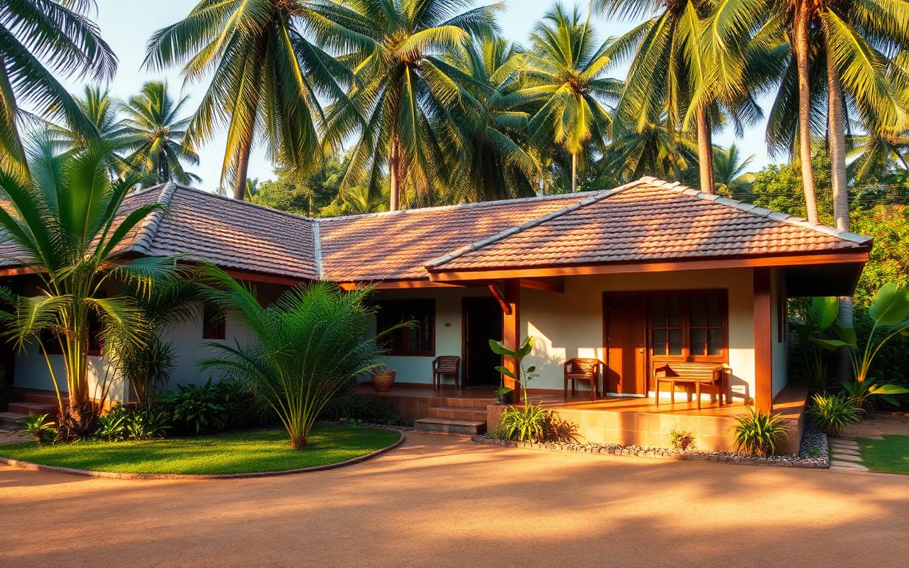 Local guesthouse in Ambalangoda Sri Lanka simple tropical architecture with garden, palm trees and warm afternoon light